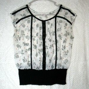 Candie's Sheer Women's Size XS Gathered Waist White & Black Floral Blouse Top